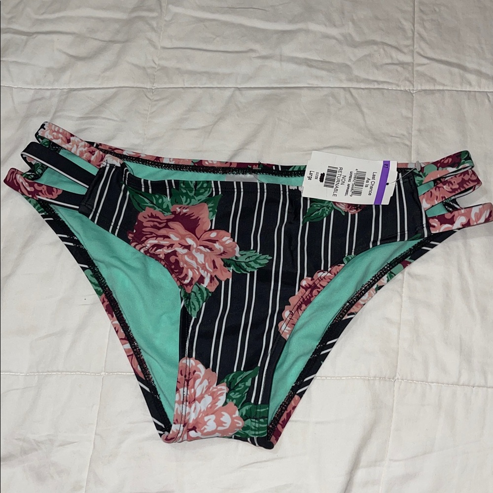 Mossimo Black, Pink & Mint Floral Striped Bikini Bottoms Lg